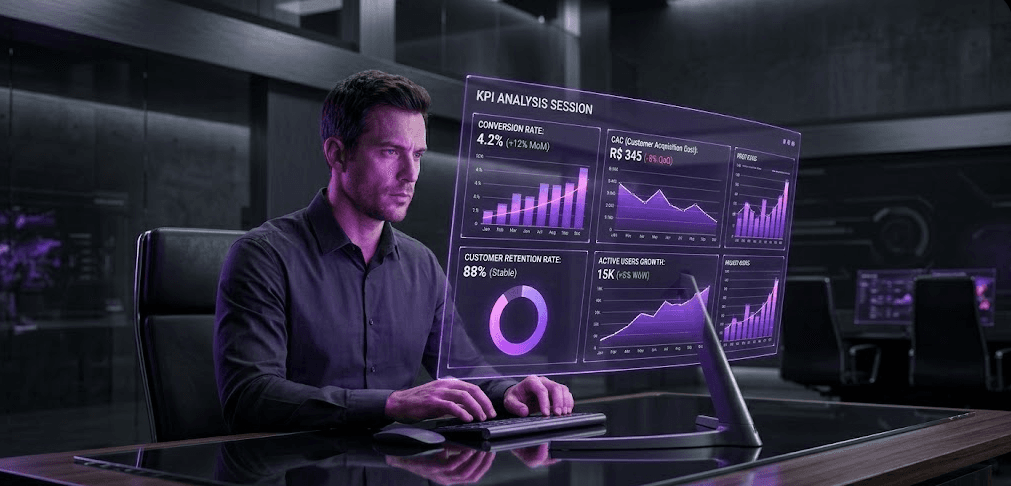 Análise de KPIs, pessoa analisando dados e dashboard