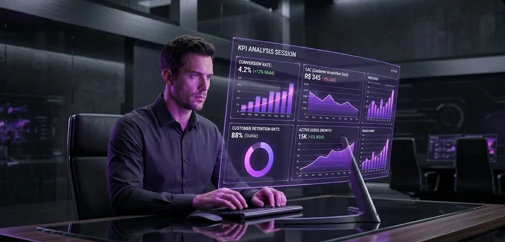 Análise de KPIs, pessoa analisando dados e dashboard